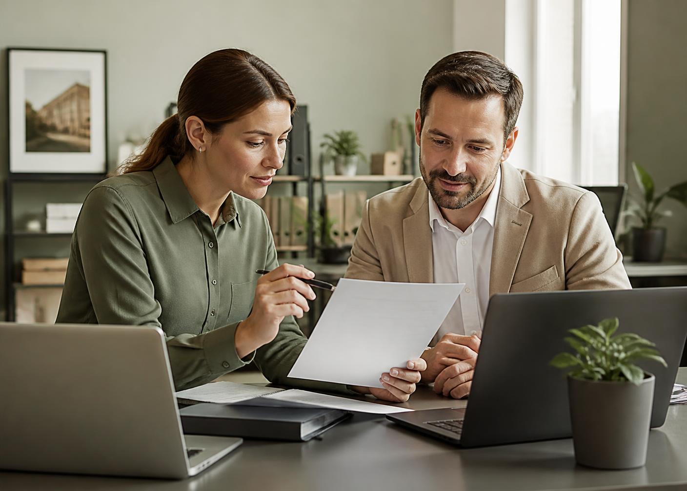 Slick property managers reviewing landlord reporting in the office